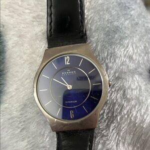 Skagen Blue Dial Titanium Watch with Black Leather Strap
